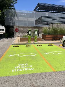 Dedicated EV parking spots with chargers at the Technology Hub in Ciudad Juárez.