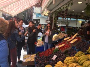 Members of the LIFE project consortium visit a produce stand in Turkey and interviews the owner on how a green grocer sources his produce and his perspective on how he could potentially benefit from the LIFE Food Enterprise Center.