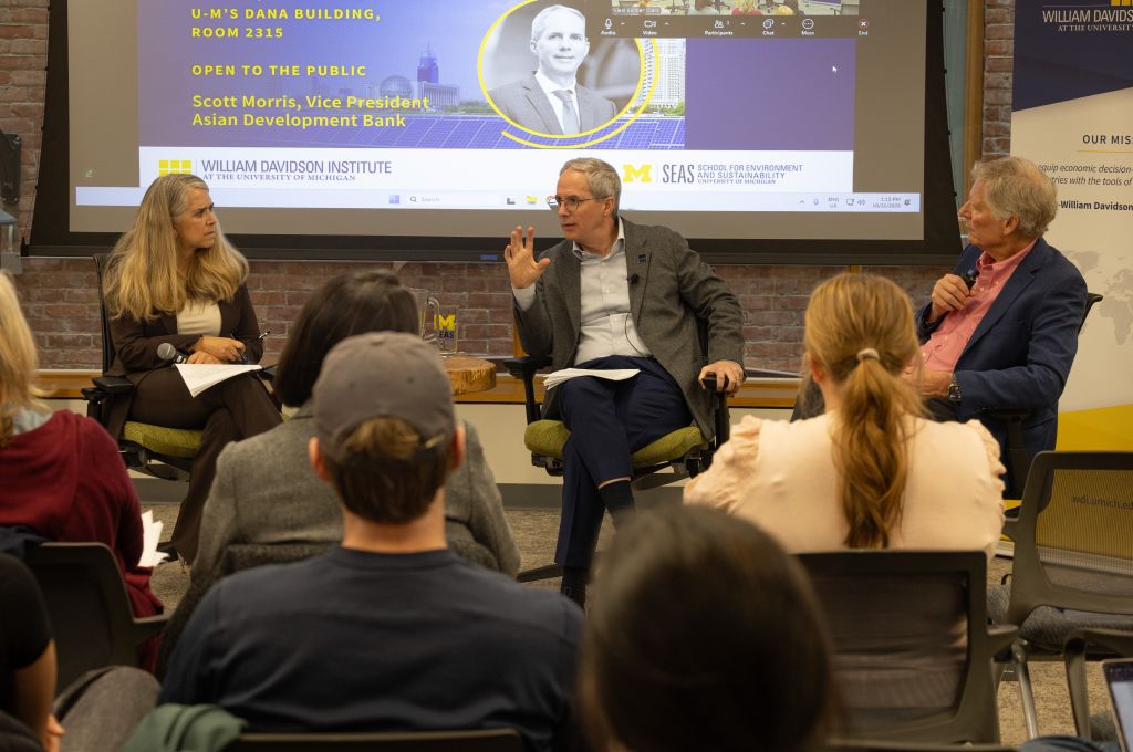 From left: Wendy Taylor, WDI President and CEO; Scott Morris, Vice President-Asian Development Bank; and Jonathan Overpeck, Dean of U-M's School for Environment and Sustainability during a fireside chat discussion on Oct. 21 at the University of Michigan. Image credit: Dave Brenner, School for Environment and Sustainability