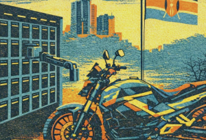 Stylized illustration of a motorcycle on the road with a factory and city skyline in the background
